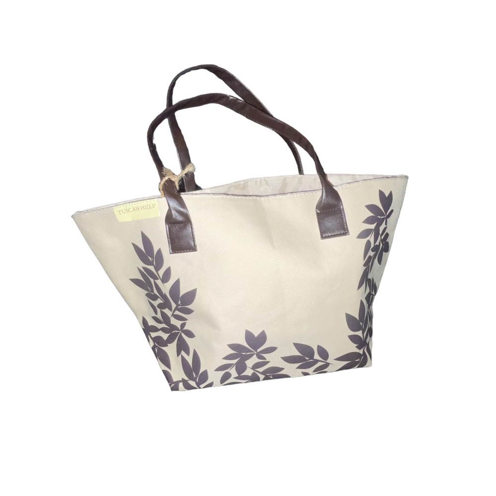 Tuscan Hills Beige Tote with Brown Handles and Leaves